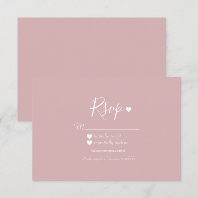 Convites RSVP Rosa e Corações Simples Moderno (Frente/Verso)