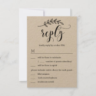 Convites RSVP Rustic Elegance Wedding com Menu Kraft
