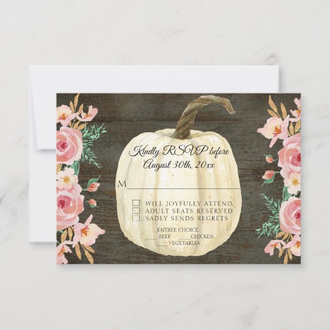 Convites RSVP Rústico Rosa Floral Branco Abóbora Madeira (Frente)