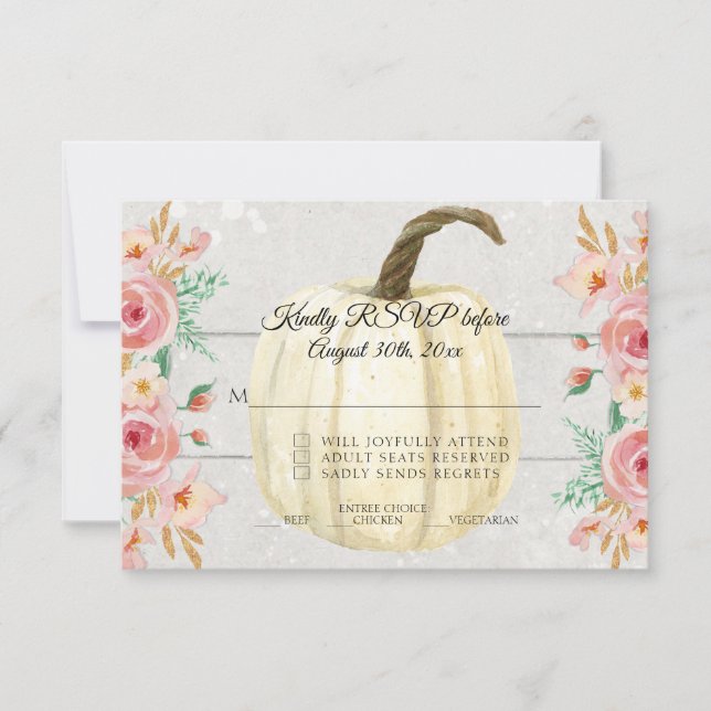 Convites RSVP Rústico Rosa Floral Branco Abóbora Madeira (Frente)