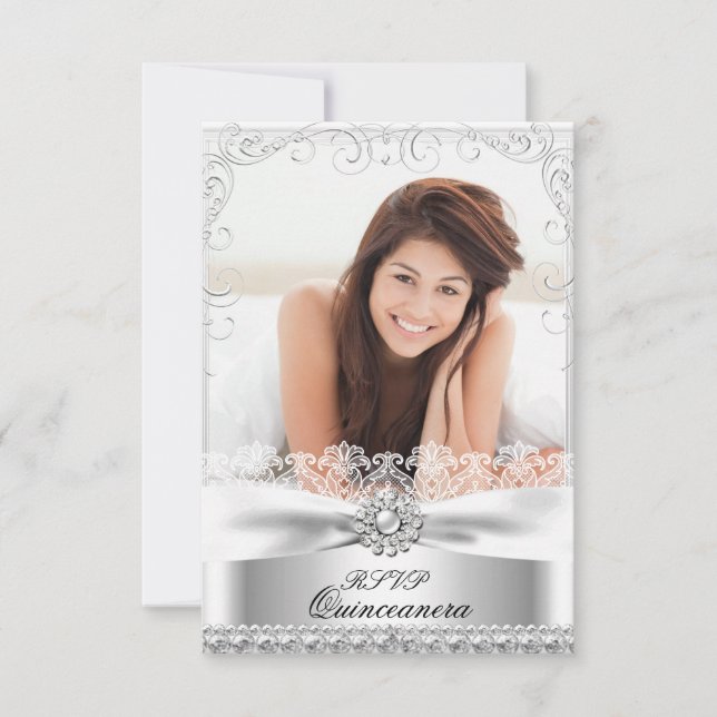 Convites RSVP Silver Bow & Lace Quinceanera Aniversário (Frente)