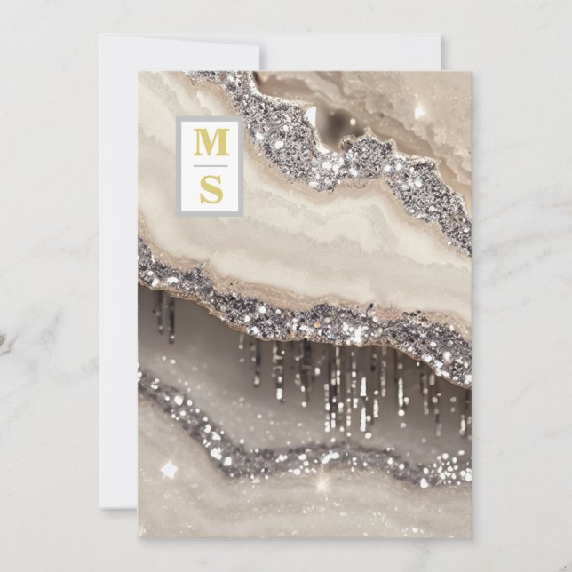 Convites *~ RSVP SILVER IVORY QR Iniciais AR66 Casamento (Frente)