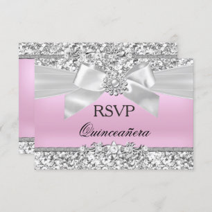 Convites RSVP Silver Pink Glitter Jewel Arco Quinceanera