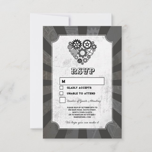 Convites RSVP Steampunk Wedding Hears Retro (Frente)