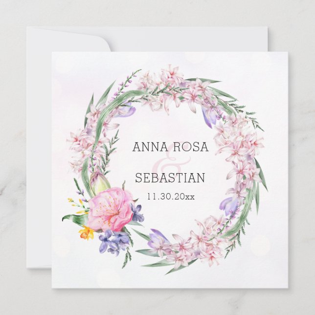 Convites *~* RSVP Sweet Boho Floral Wreath QR AR12 Casament (Frente)
