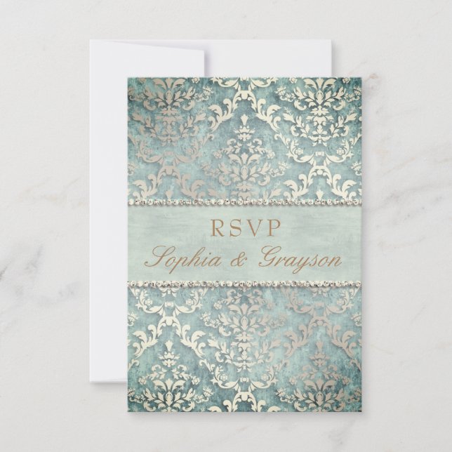 Convites RSVP Verde Salvia Brilho Damasco Casamento (Frente)