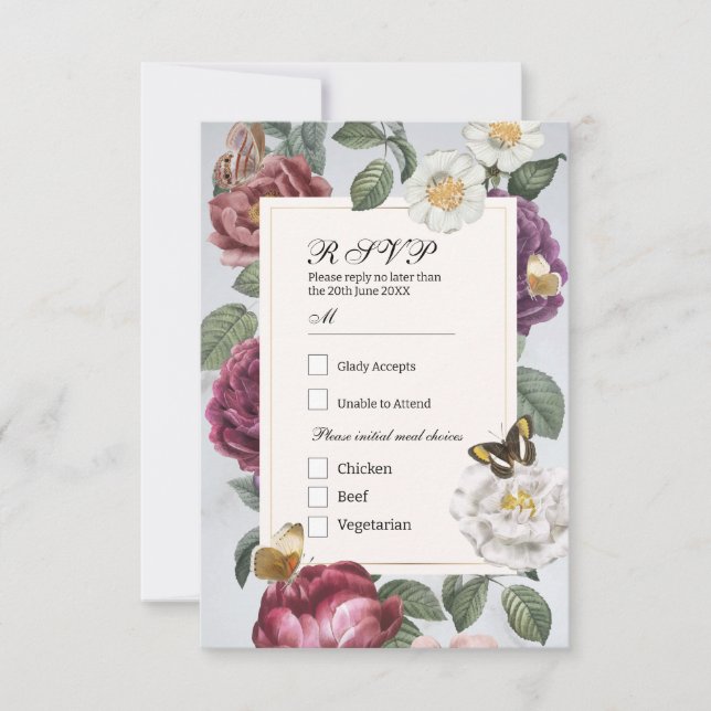 Convites RSVP Wedding Bloom Floral Flower Butterfly (Frente)