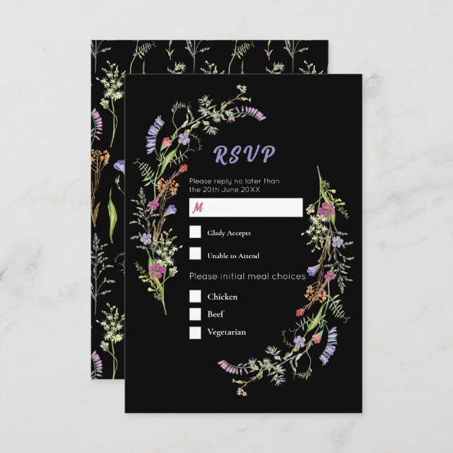 Convites RSVP Wedding Wildflower Floral Ditsy Dark (Frente/Verso)