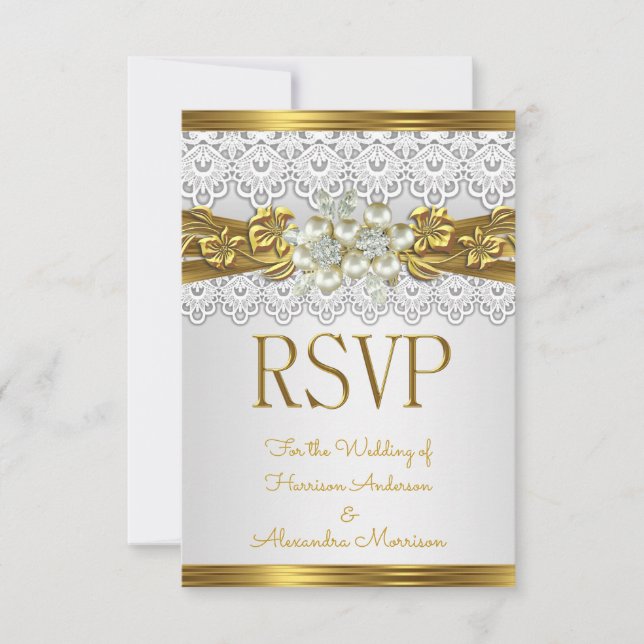 Convites RSVP White Pearl Dourado Lace Floral (Frente)