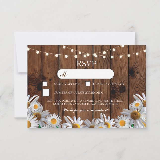 Convites RSVP Wood Wedding Rustic Daisy Floral Cards (Frente)