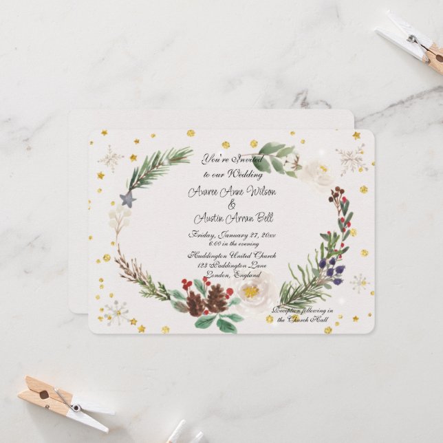 Convites Rua de inverno de Pine Cones e Holly (Frente/Verso In Situ)