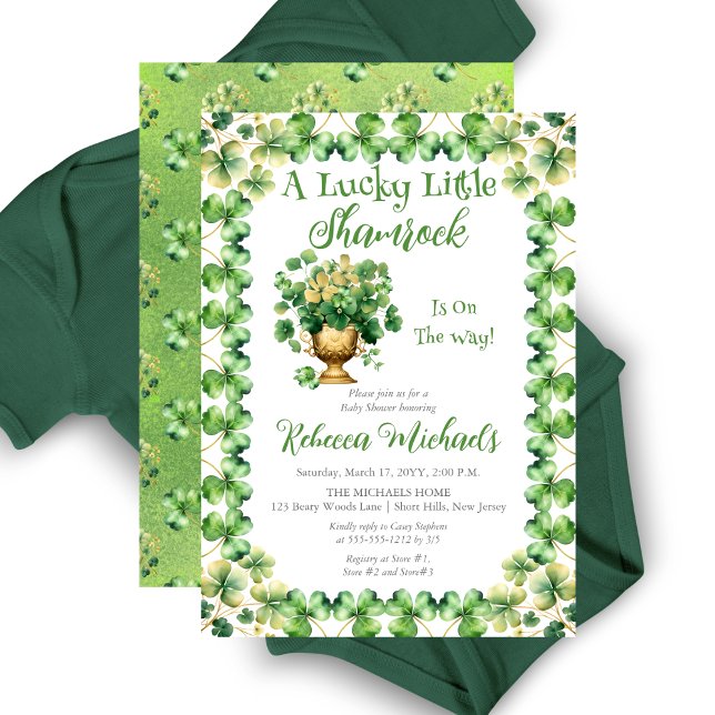 Convites Rua de Shamrock, Chá de fraldas do Patrick ("A Lucky Little Shamrock" St. Patrick's Day-Themed Baby Shower Invite -Gold Pot with Shamrocks )