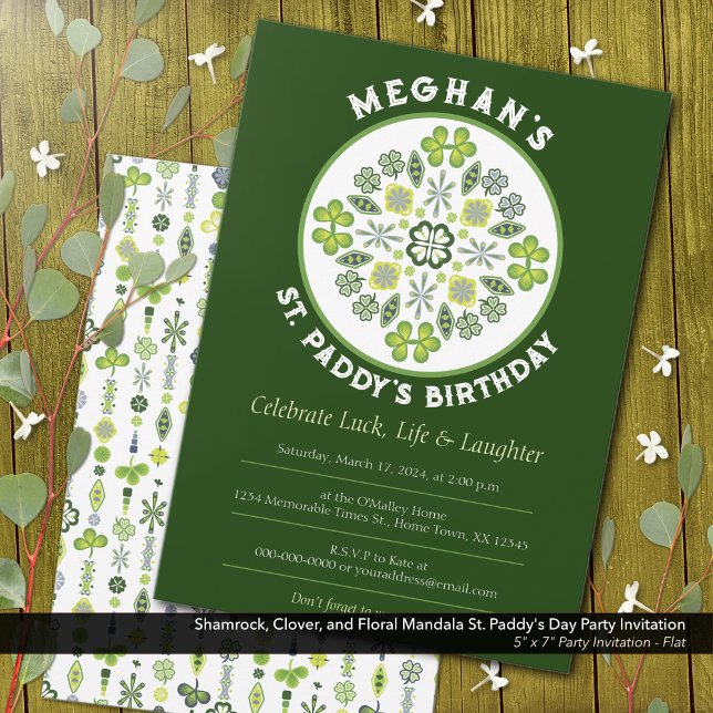 Convites Rua de Shamrock Clover Mandala. Festa de aniversár (Shamrock, Clover, and Floral Lucky Mandala: St. Paddy's Birthday Party Invitation)