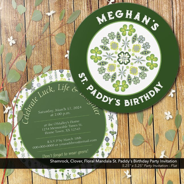 Convites Rua de Shamrock Clover Mandala. Festa de aniversár (Shamrock, Clover, and Floral Lucky Mandala: St. Paddy's Birthday Party Invitation)