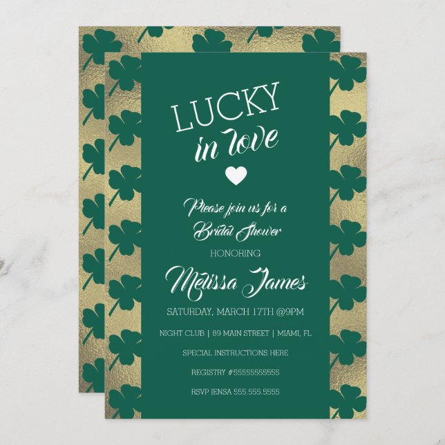 Convites Rua. Patricks Lucky Chá de panela Green Shamrock (Frente/Verso)