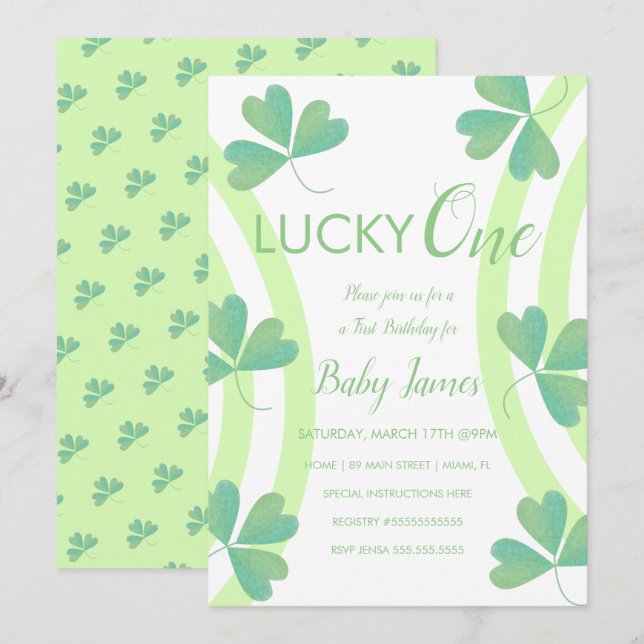 Convites Rua. Patricks Lucky primeiro aniversario Watercolo (Frente/Verso)