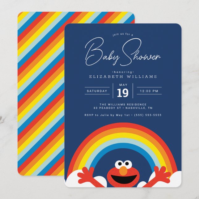 Convites Rua Sésamo | Chá de fraldas Elmo Rainbow Boy (Frente/Verso)