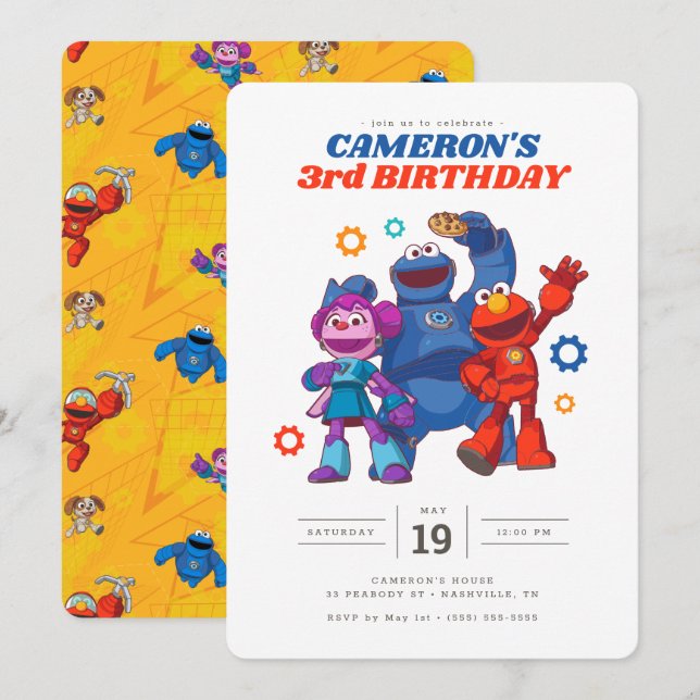 Convites Rua Sésamo | Construtores de Mecha - Aniversário (Frente/Verso)