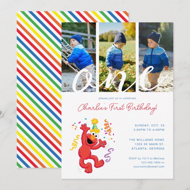 Convites Rua Sésamo | Elmo - Foto do primeiro aniversario A (Frente/Verso)