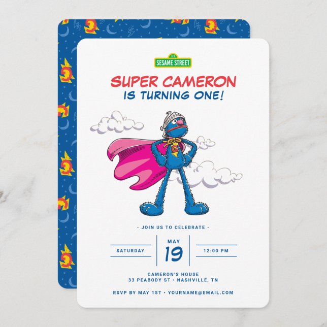 Convites Rua Sésamo | Super Grover Birthday (Frente/Verso)