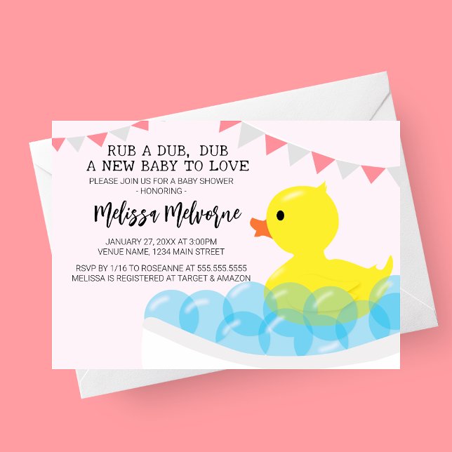 Convites Rub A Dub, Chá de fraldas De Borracha Ducky (Rub a Dub, Dub Rubber Ducky Baby Shower Invitation with bubbles in bathtub and pink and grey banner)