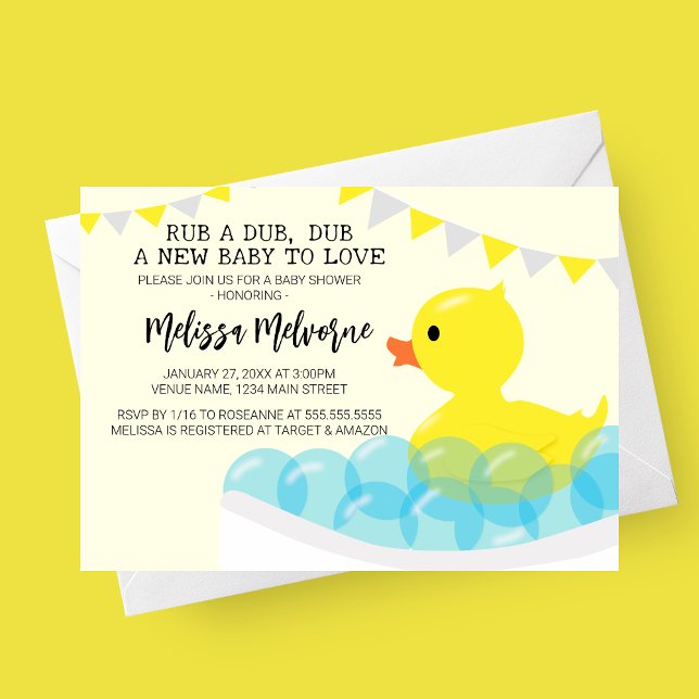 Convites Rub A Dub, Chá de fraldas De Borracha Ducky (Rub A Dub Dub Plastic Duck Baby Shower Invitation with grey and yellow banner. )