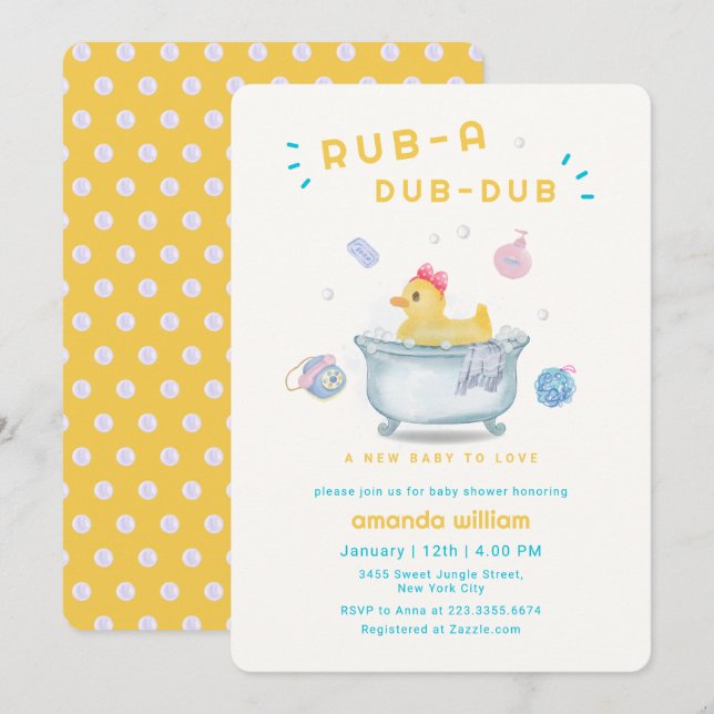 Convites Rubber Duck Rub A Dub Dub Bathtub Baby Shower  (Frente/Verso)