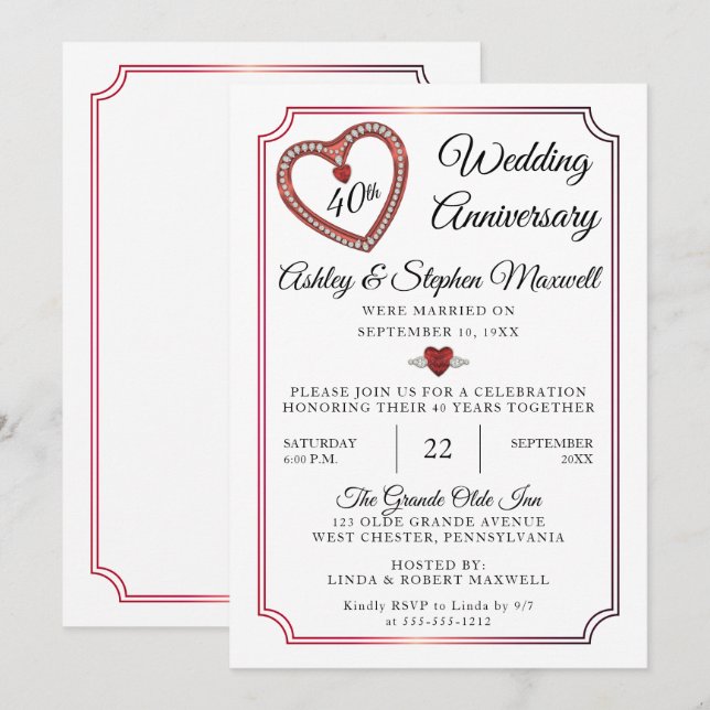 Convites Rubies | Festa de Aniversário do Casamento 40 (Frente/Verso)