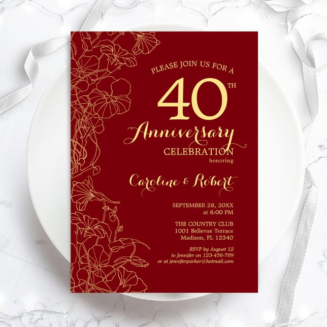 Convites Rubis Vermelho Dourado Floral 40º Aniversário (Criador carregado)