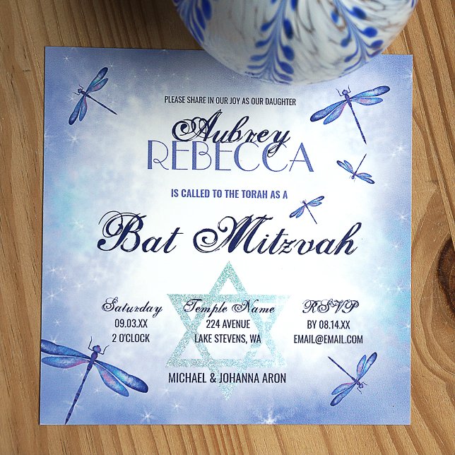 Convites Rubor Azul, Dusty Quente Bat Mitzvah (Princess blue sparkle and shine design with star of david and dragonflies)
