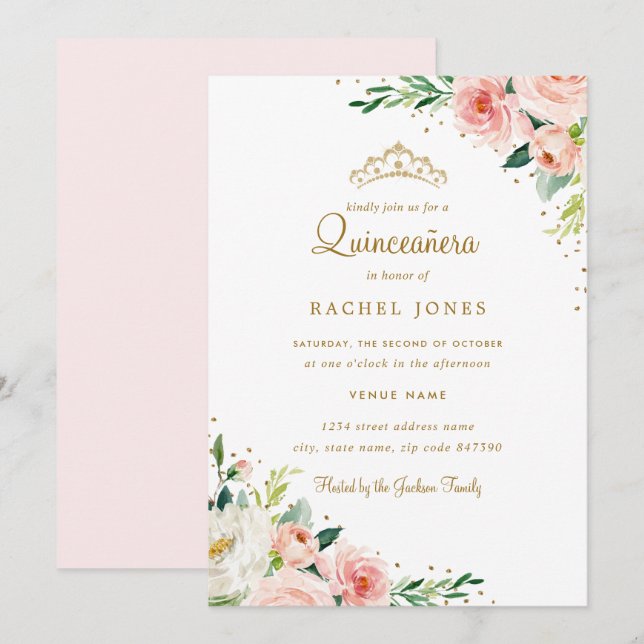 Convites Rubor Dourado Floral Quinceanera (Frente/Verso)
