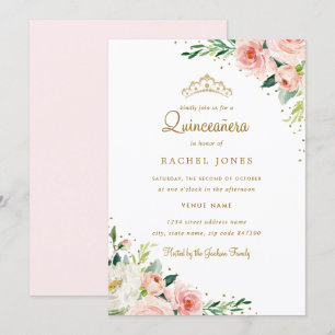 Convites Rubor Dourado Floral Quinceanera