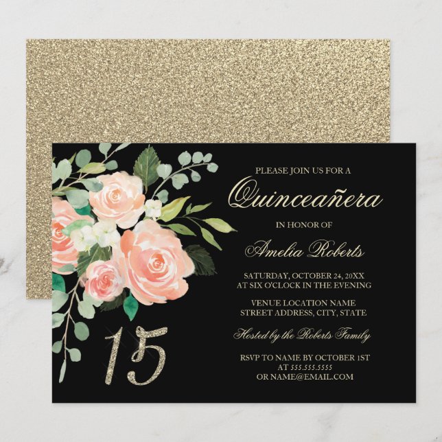 Convites Rubor Floral de Pêssego Dourado Brilho Quinceanera (Frente/Verso)