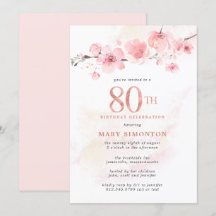 Convites Rubor Rosa Flor de Cerejeira Aniversário de 80 ano