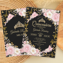 Rubor Rosa Preto e Dourado Borboleta Quinceañera