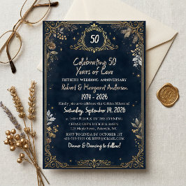 Convites Rúbrica Azul Simples 50º Aniversário de Casamento