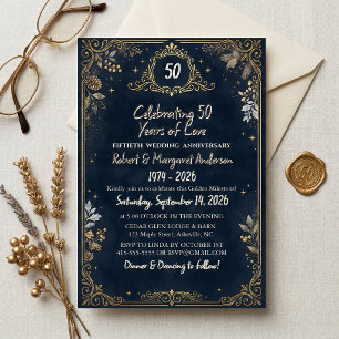 Convites Rúbrica Azul Simples 50º Aniversário de Casamento