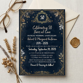 Convites Rúbrica Azul Simples 50º Aniversário de Casamento