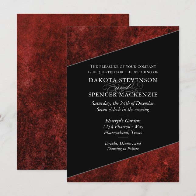 Convites Ruby Crimson Red | Nomes De Casamentos De Grunge C (Frente/Verso)