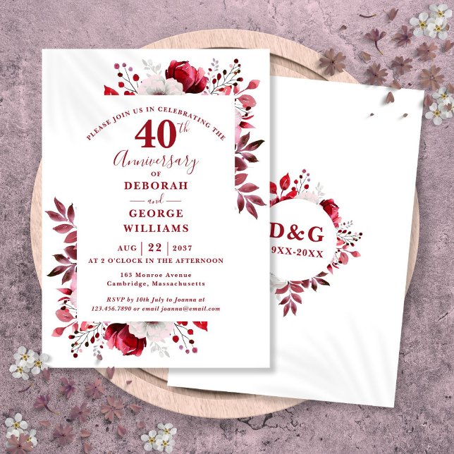 Convites Ruby Elegante Flora 40º Aniversário de Casamento  (Ruby Elegant Floral 40th Wedding Anniversary Invitation)