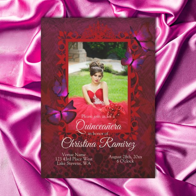 Convites Ruby Red, Antiguamente Borboleta Quinceanera Convi (Fancy red and magenta pink quinceanera invitations)