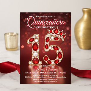 Convites Ruby Red Dourada Gemstone Princess Crown Quinceañe