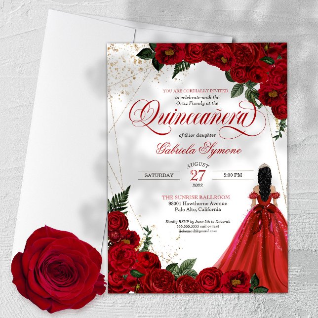 Convites Ruby Red Floral Rosa e Dourada Quinceañera (Criador carregado)
