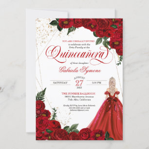 Convites Ruby Red Floral Rosa e Dourada Quinceañera Elegan