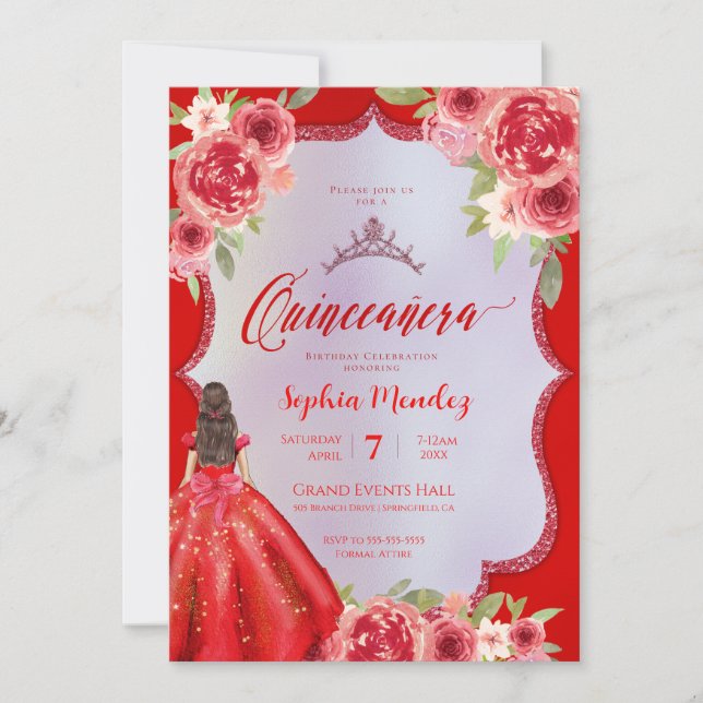 Convites Ruby Red Floral Watercolor Quinceanera (Frente)