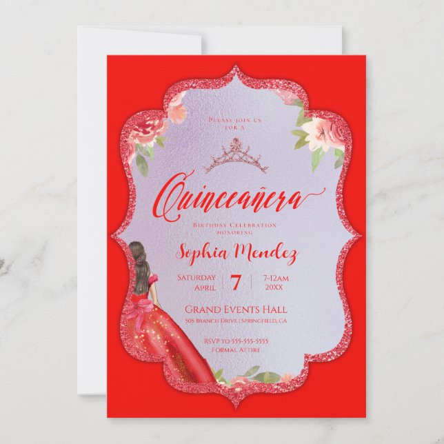 Convites Ruby Red Floral Watercolor Quinceanera (Frente)