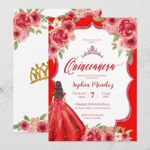 Convites Ruby Red Floral Watercolor Quinceanera