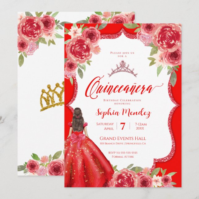 Convites Ruby Red Floral Watercolor Quinceanera (Frente/Verso)