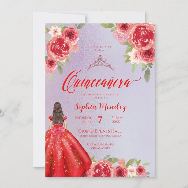 Convites Ruby Red Floral Watercolor Quinceanera (Frente)
