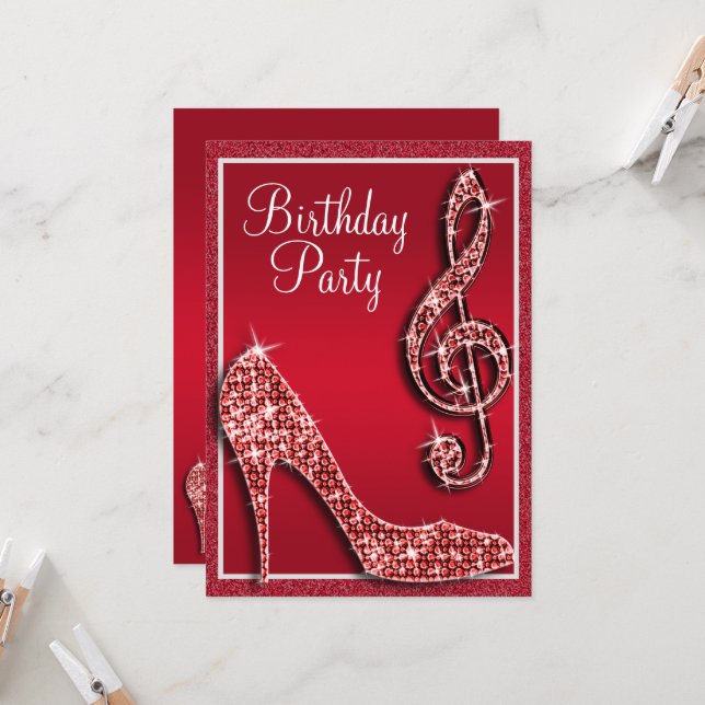 Convites Ruby Red Stiletto & Treble Clef Birthday (Frente/Verso In Situ)